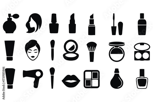 Collection of vector scalable makeup and beauty product icons for declarative graphic design projects silhouette vector illustration white background