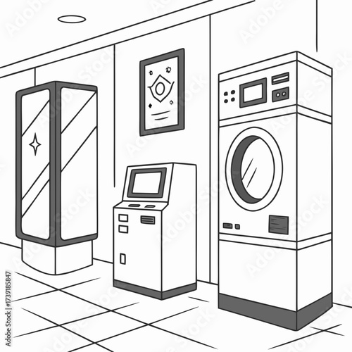 Illustration of a laundry room with a washing machine poster and electronic kiosk in black and white