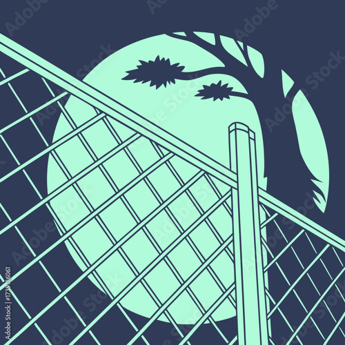 A fence in front of a tree with a moon in the background in a simple vector illustration style