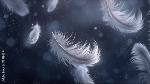 Ethereal white feathers floating in air captured in bokeh effect enchanting digital art serene atmosphere abstract viewpoint