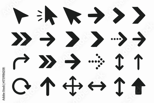 Diverse arrow and cursor icons vector graphics set for web design and ui elements scalable eps silhouette vector illustration white background