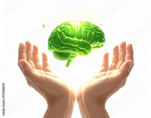 Caring for the Mind: A pair of hands gently cradles a luminous green brain, symbolizing the essence of care, intelligence, and cognitive health.
