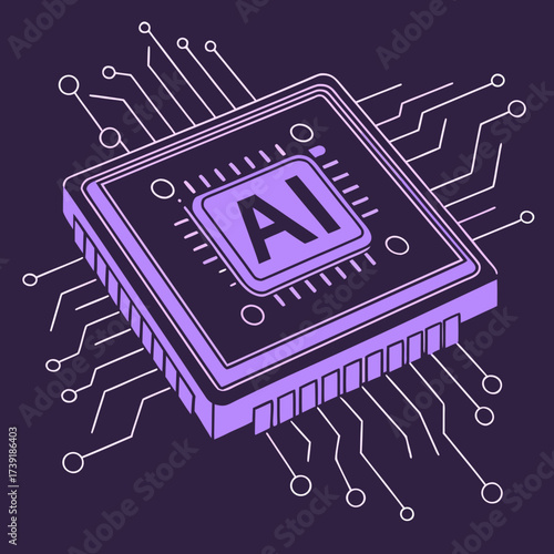 Illustration of a purple ai chip with white connections on a dark purple background isometric view