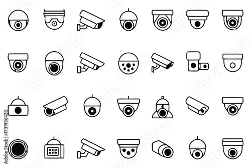Comprehensive collection of security camera icons vector graphics scalable eps for surveillance and monitoring applications silhouette vector illustration white background