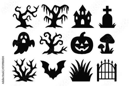 Collection of spooky halloween vector icons for graphic design projects scalable eps and clip art elements silhouette vector illustration white background