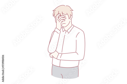 Stress irritation and feeling sleepy concept. Young man worker cartoon character standing touching covering face with hands feeling exhausted and sleepy vector illustration