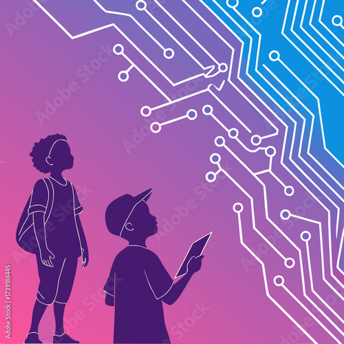 Two children looking at a circuit board diagram with a gradient background of pink to blue color scheme