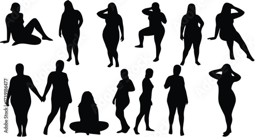 Diverse women silhouettes collection vector graphics scalable illustration eps format iconic poses silhouette vector illustration white background