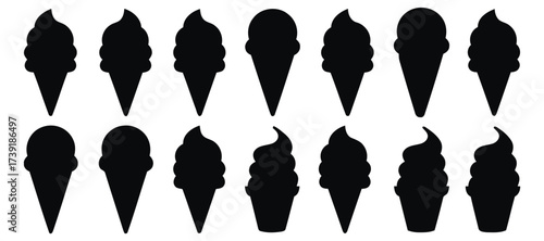 Set of twelve ice cream cone silhouettes vector graphics scalable illustration eps icon collection silhouette vector illustration white background