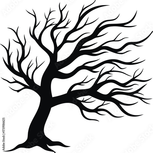 Stylized silhouette of a windswept bare tree vector illustration for artistic design projects silhouette vector illustration white background