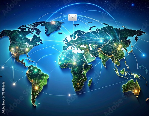Global Communication and Connectivity: A stunning visual portrayal of global connectivity, with a celestial map of the world overlaid with luminous pathways connecting different continents.
