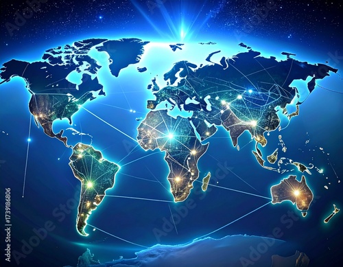 Global Network: A digital representation of the Earth, interconnected by luminous lines and nodes, symbolizing global communication and technological advancement.