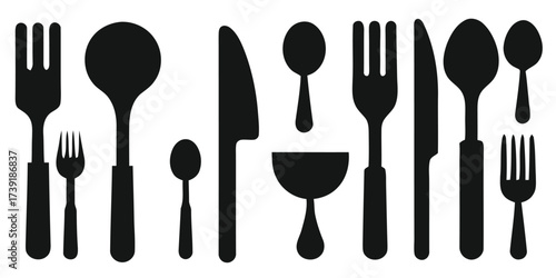 Vector illustration set of silhouette cutlery and dining utensils for culinary graphics silhouette vector illustration white background