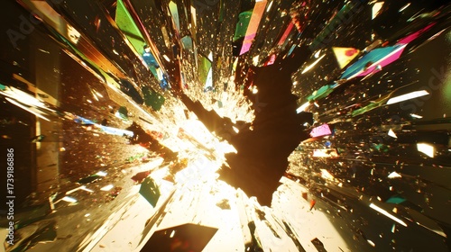 Abstract shattered explosion with light burst in gold and vibrant colors design