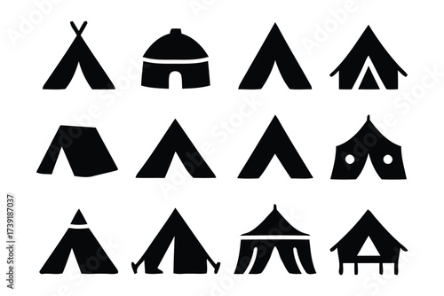 Collection of diverse tent silhouettes vector illustration for camping and outdoor adventure designs silhouette vector illustration white background