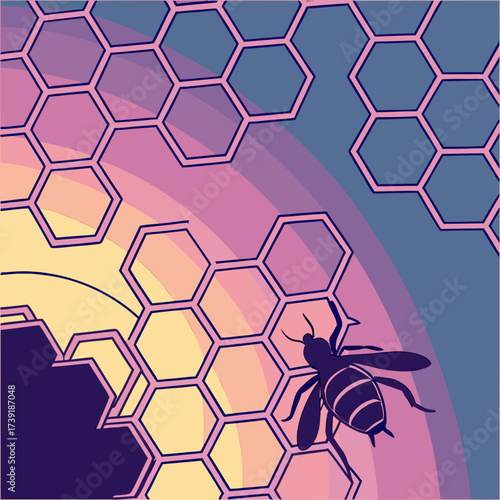 Silhouette of a bee on a honeycomb with a colorful background and geometric hexagon pattern design