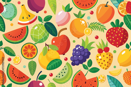 Vivid tropical fruit illustration with many different fruits