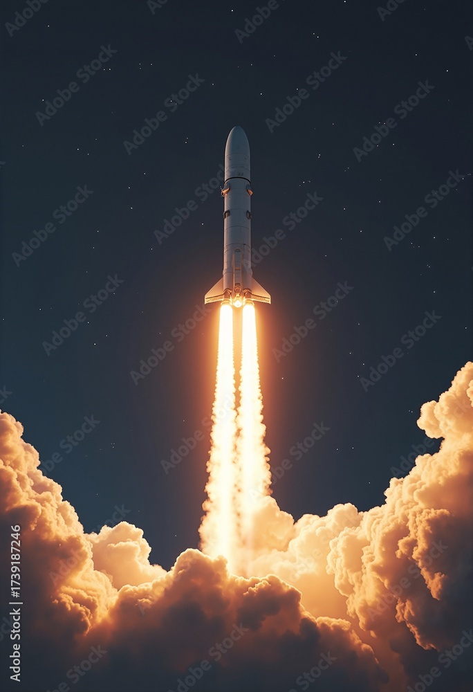 Naklejka premium Spaceship takes off into the night sky on a mission. Rocket starts into space concept