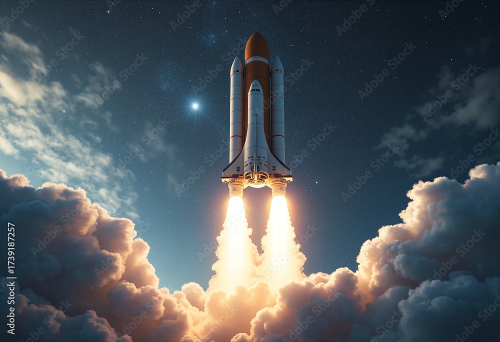 Fototapeta premium Spaceship takes off into the night sky on a mission. Rocket starts into space concept