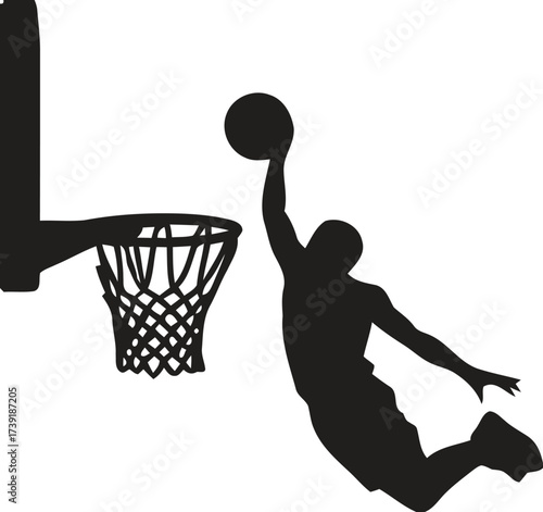 Dynamic basketball player dunking vector graphic for sports and action designs silhouette vector illustration white background