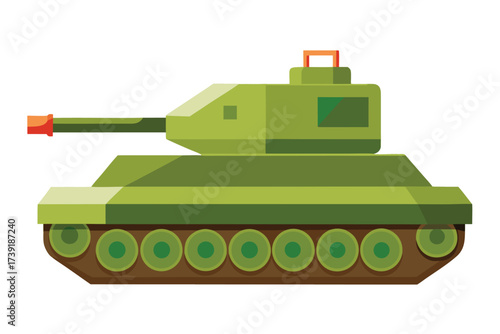 Illustration of a green tank with a long barrel, distinctive shapes, and tracked sprockets. Ideal for military, toy, or game design projects with a playful atmosphere