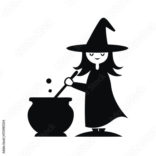 Whimsical witch stirring cauldron halloween vector illustration scalable eps icon for creative projects silhouette vector illustration white background