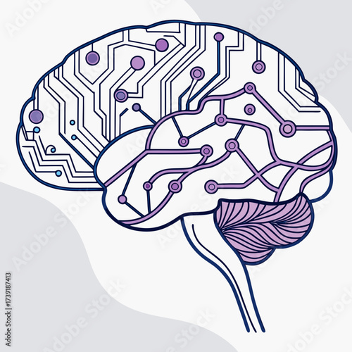 Illustration of a brain with circuit board and neural network connections in purple and blue tones