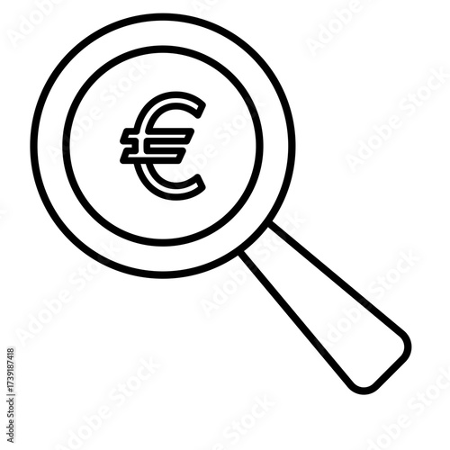 Magnifying glass over the Euro symbol, representing financial analysis, economic research, and currency exchange