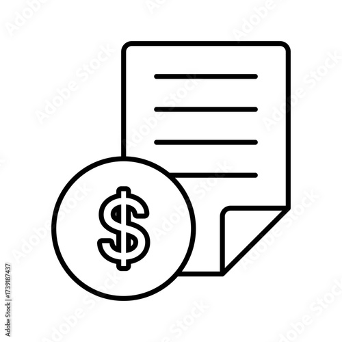 Black and white line icon of a financial document with a dollar coin, symbolizing concepts like invoice, payment, bill, and budget planning