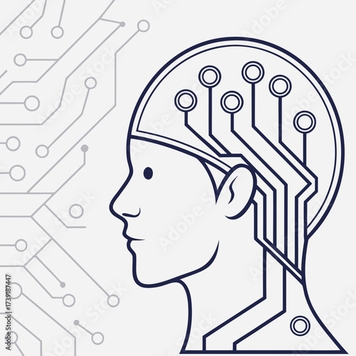 Stylized representation of a human head with integrated circuit elements and network connections