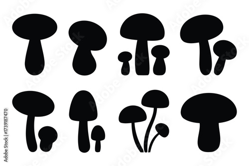 Set of diverse black mushroom silhouettes vector illustration scalable graphic elements for design projects silhouette vector illustration white background