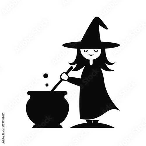 Charming halloween witch stirring cauldron vector illustration for festive occasions and spooky designs silhouette vector illustration white background