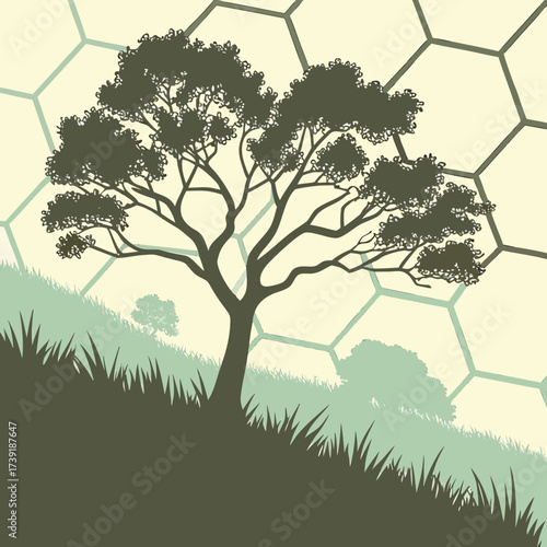 A tree silhouette on a hillside with grass and other trees with a honeycomb pattern in the background