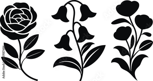Scalable vector illustration of elegant rose bellflower and poppy silhouettes ideal for eps design projects silhouette vector illustration white background