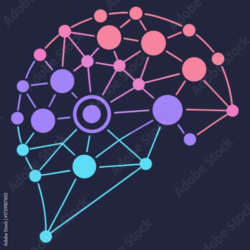 Abstract brain illustration formed by connected circles and lines in gradient colors on dark blue background