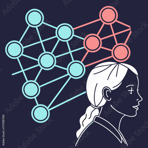 Illustration of a woman's head with neural network diagrams above her head in blue and pink colors