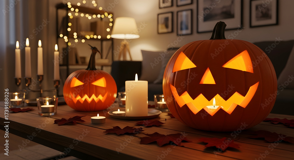 Obraz premium Spooky Halloween Decoration with Carved Pumpkins and Candles