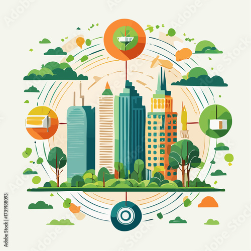Sustainable urban development illustrated with interconnected elements