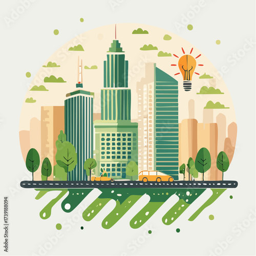 Sustainable urban development illustrated with interconnected elements