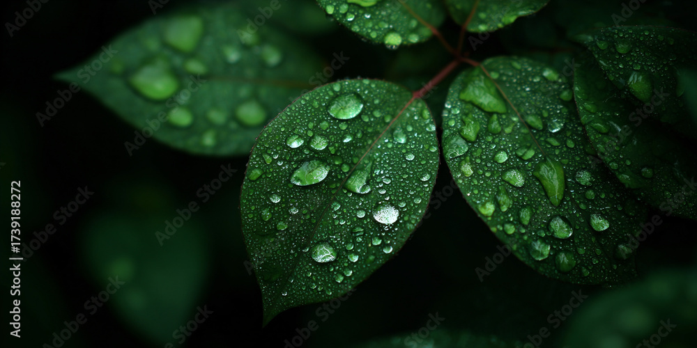 Fototapeta premium Green plant leaves covered with fresh raindrops in natural light - AI generated