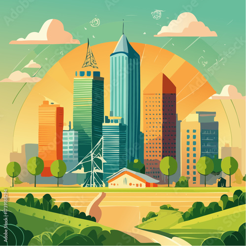 Sustainable urban development illustrated with interconnected elements
