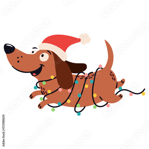 A cute dachshund dog runs wearing a Santa Claus hat wrapped in a garland, a flat vector Christmas illustration in a simple children's style. . Vector illustration