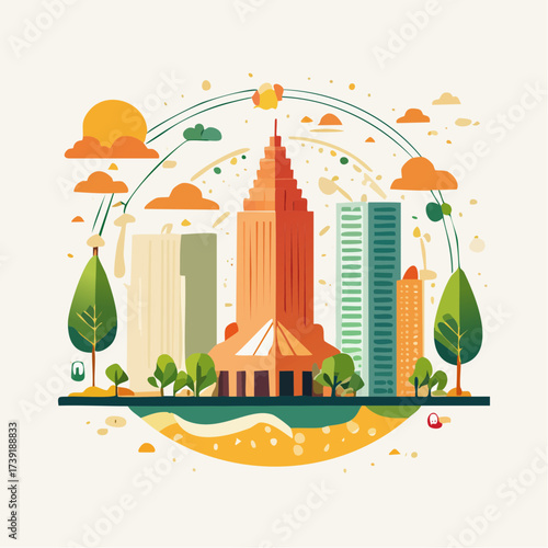 Sustainable urban development illustrated with interconnected elements
