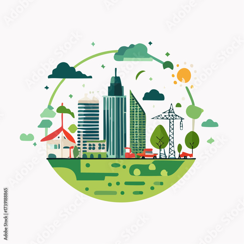 Sustainable urban development illustrated with interconnected elements