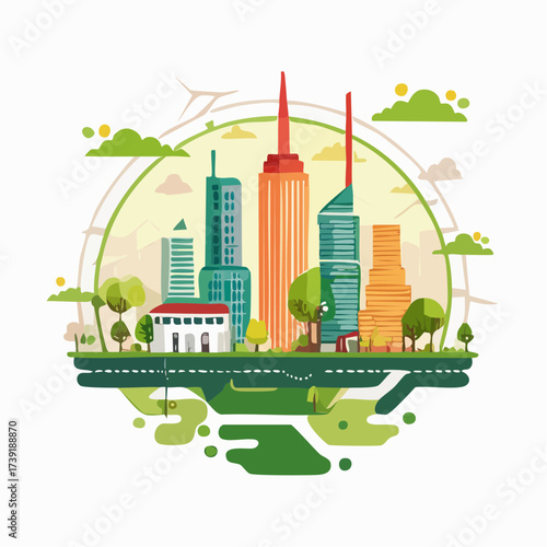 Sustainable urban development illustrated with interconnected elements