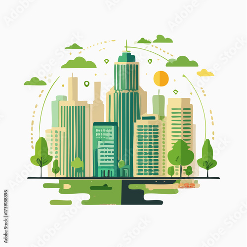 Sustainable urban development illustrated with interconnected elements