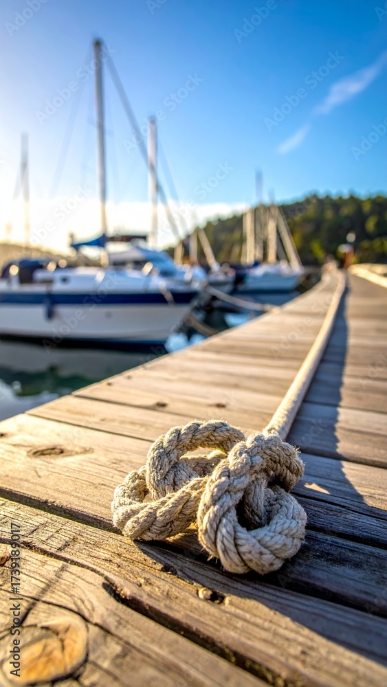 Obraz premium Heavy marine ropes tied in a knot on a wooden dock with the ocean and sailboat in the background