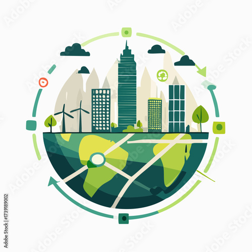 Sustainable urban development illustrated with interconnected elements