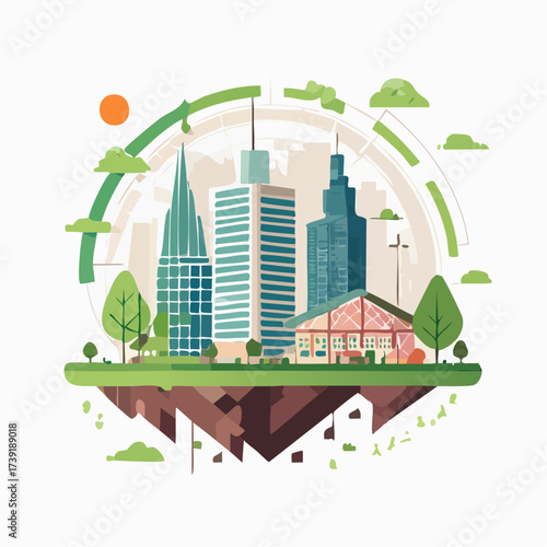 Sustainable urban development illustrated with interconnected elements