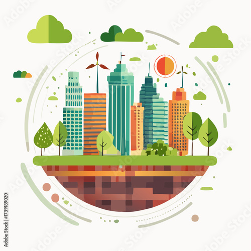 Sustainable urban development illustrated with interconnected elements